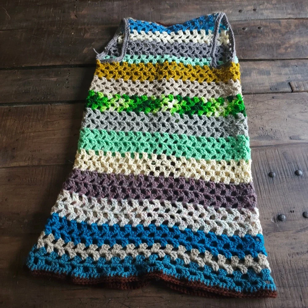 Handmade Crochet Granny Stitch Vest Multi Color Striped Boho Open Front 1970s 60